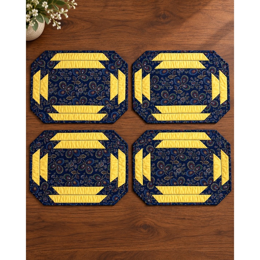 Set of 4 Handmade Quilted Placemats Navy Blue Paisley Yellow Butterfly Floral